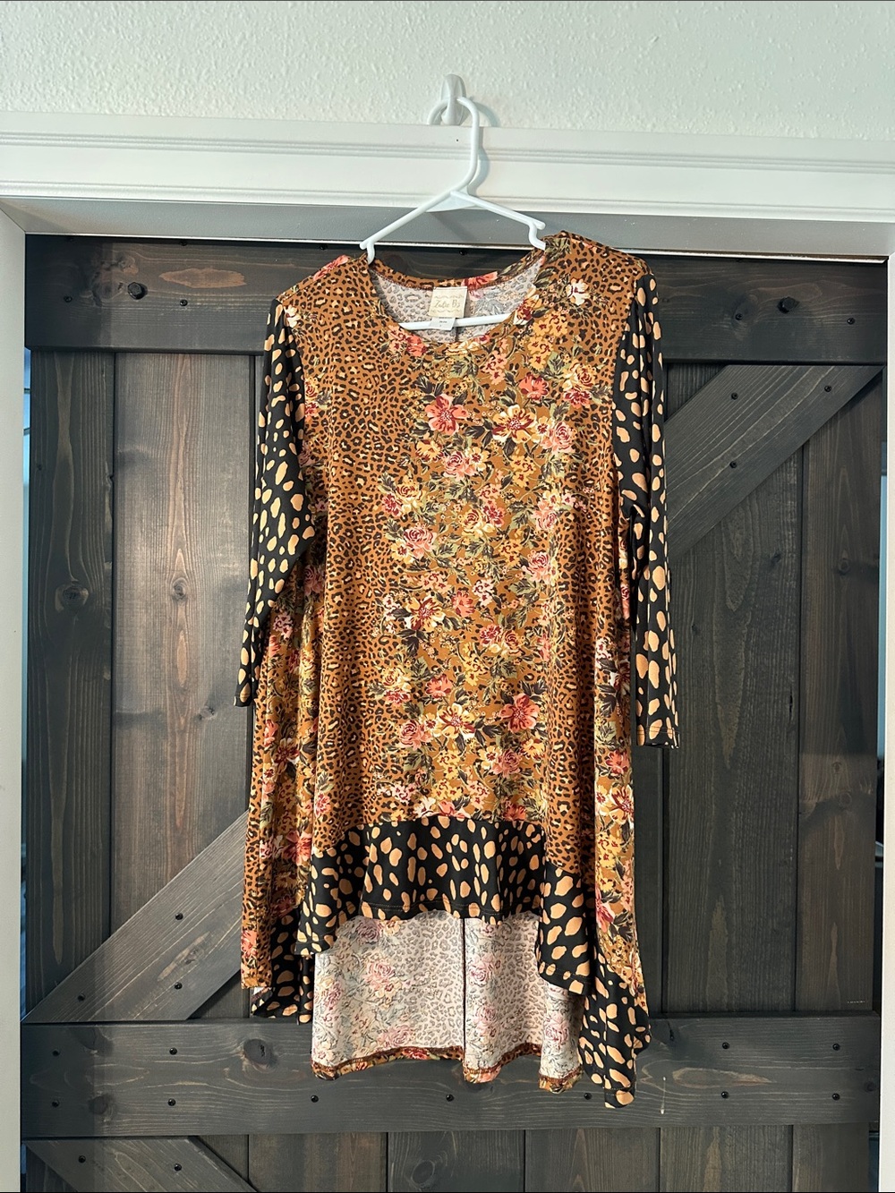 Mixed Print Floral Leopard Tunic Top - Brown